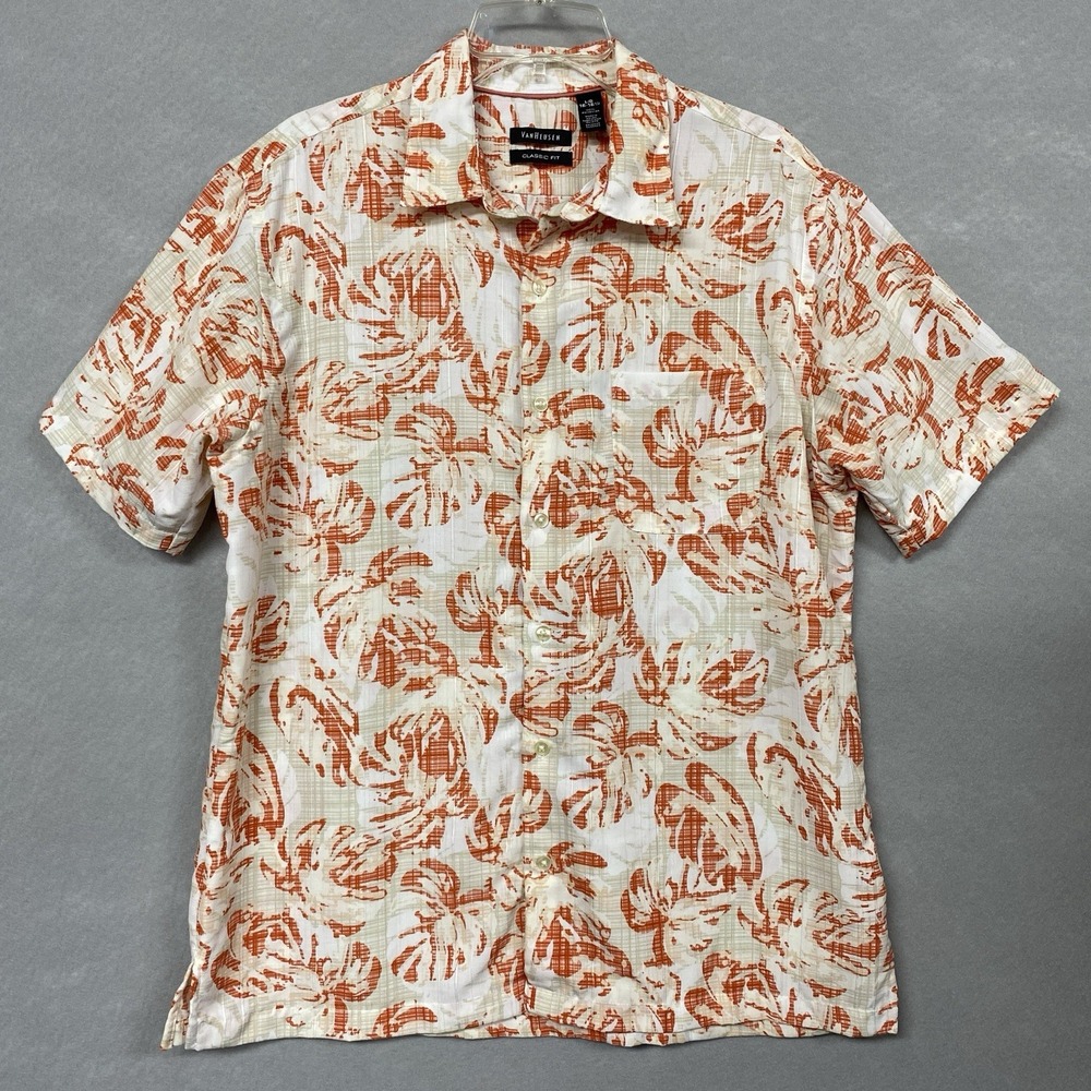 Van Heusen Mens L Button Up Shirt Orange Tropical Monstera Hawaiian Cruise Wear